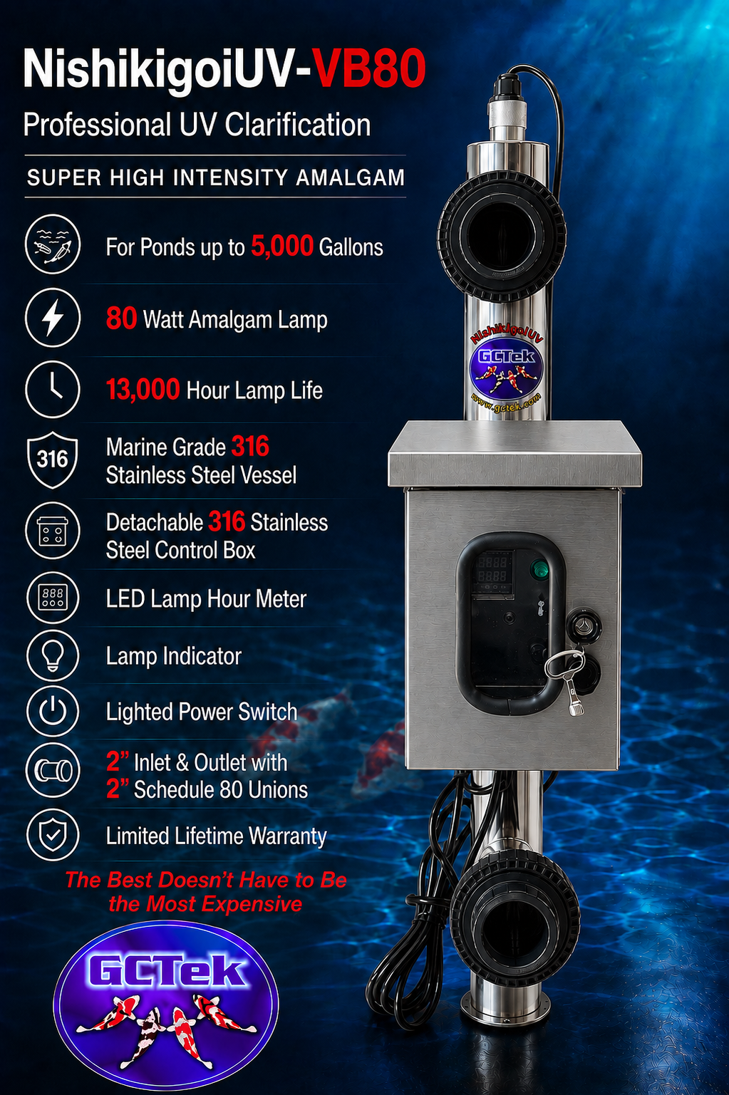 NishikigoiUV-VB80.  316 Stainless Steel Unit with Detachable Stainless Steel Weather Proof Control Box.