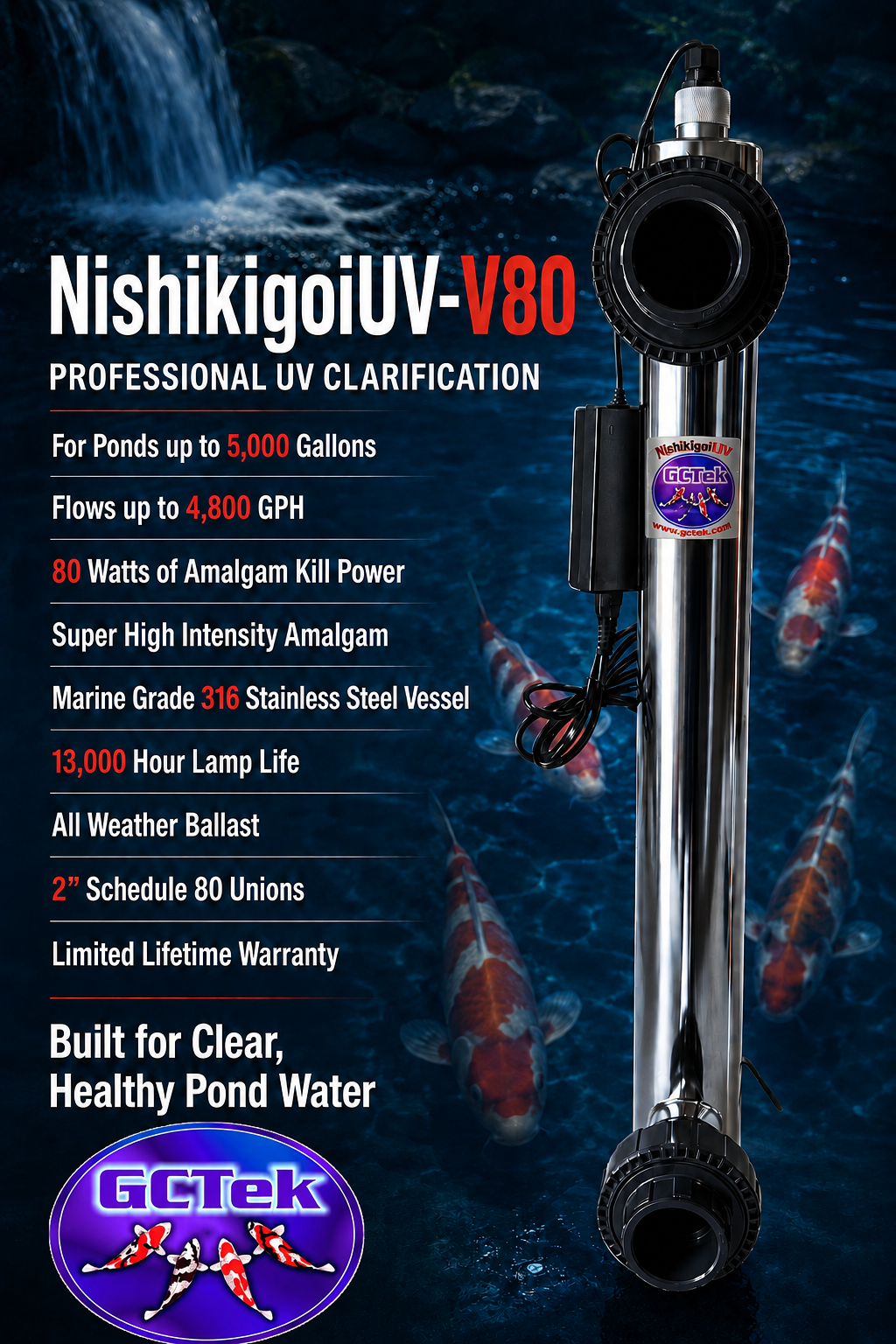 NishikigoiUV-V80 -316 Stainless Steel Amalgam 80 watt UV