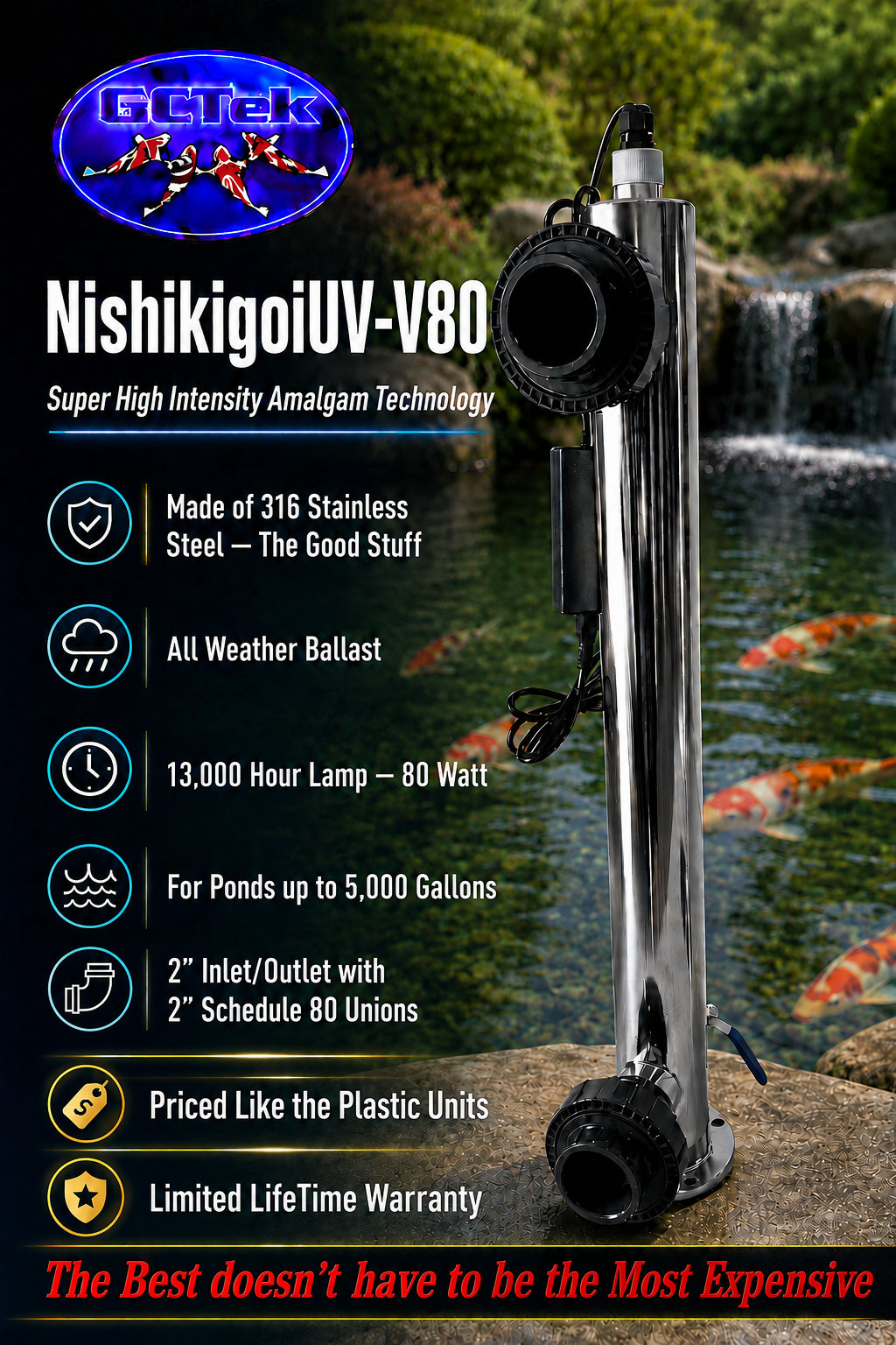 NishikigoiUV-V80 -316 Stainless Steel Amalgam 80 watt UV